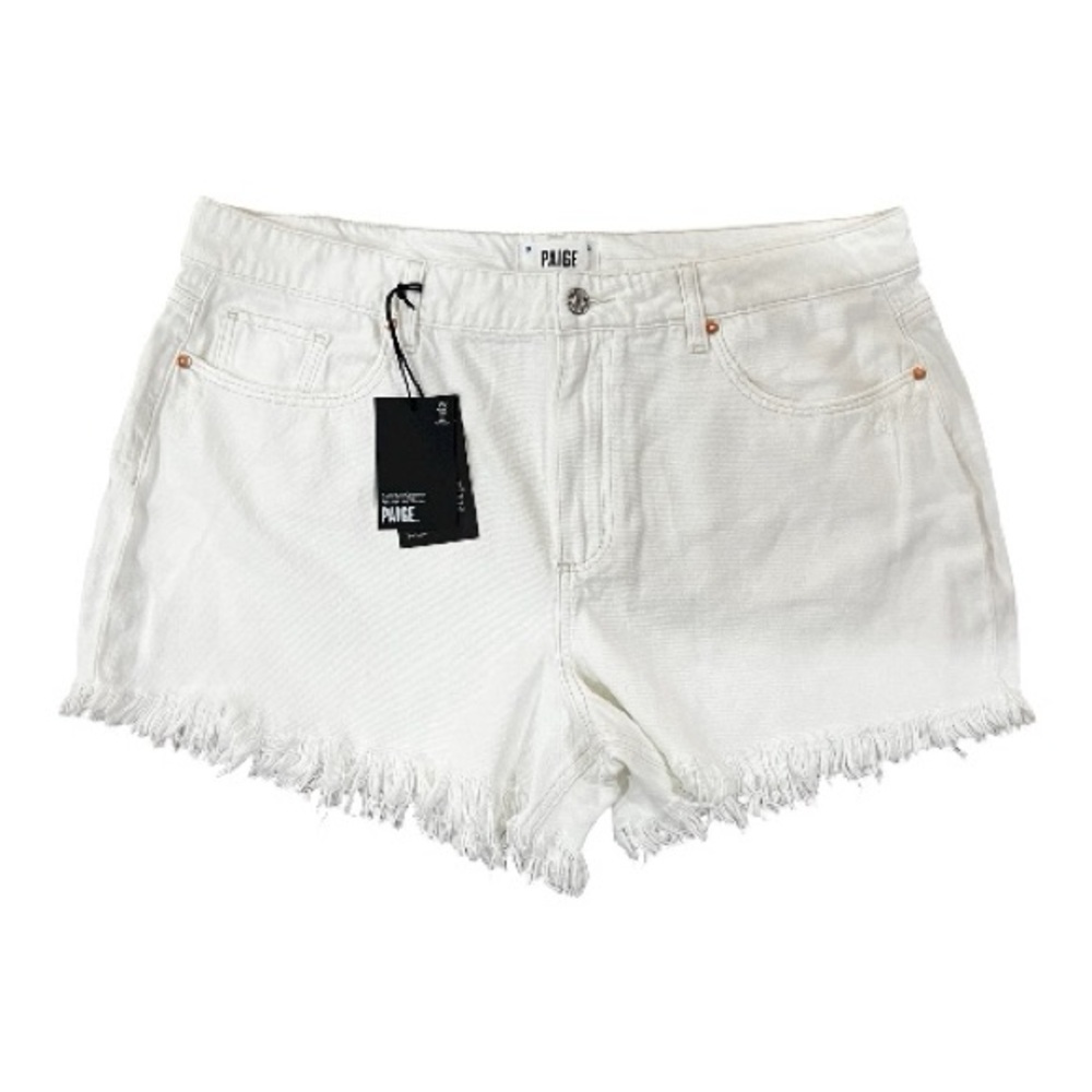 PAIGE Women's Frayed Hem White Jean Shorts - Picture 3 of 7